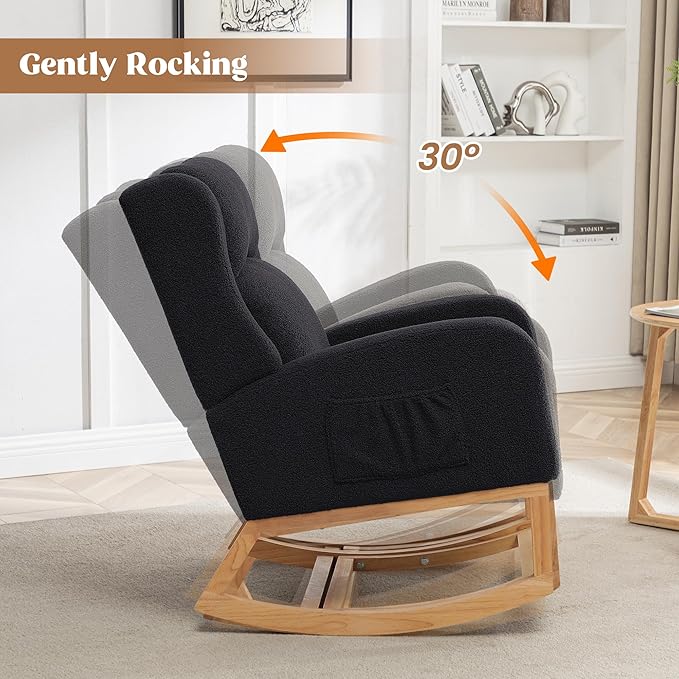 Rocking Chair Nursery, Nursing Rocking Chairs for Mom Nursery, Comfy Wingback Glider Rocking Armchair with Foot Rest and Side Pocket for Nursery Living Room Bedroom, Teddy Black