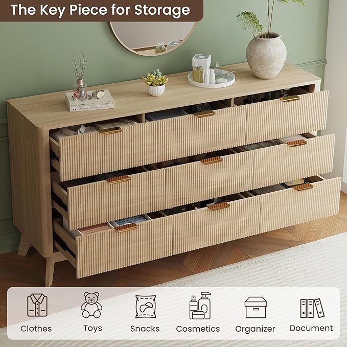 SUNWAVE 9 Drawer Dresser for Bedroom, 59.1" Large Fluted Dresser with Round Corner, Modern Dressers Wood Chest of Drawer for Living Room