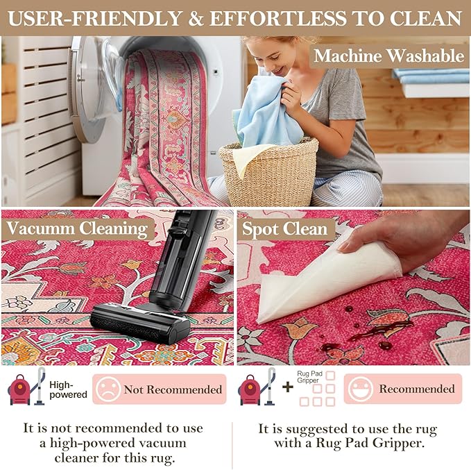 Machine Washable Rugs Nursery Rug 8x10 Area Rugs Non Slip Low Pile Water Repellent Soft Print Pattern for Bedroom Indoor Decor Kids Playroom Brightpink