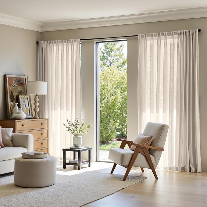 jinchan Linen Blend Curtain 96 inch Length 1 Panel for Sliding Door, Light Filtering 100 inch Extra Wide Farmhouse Drape with Rod Pocket Back Tab(100W x 96L, Oat)