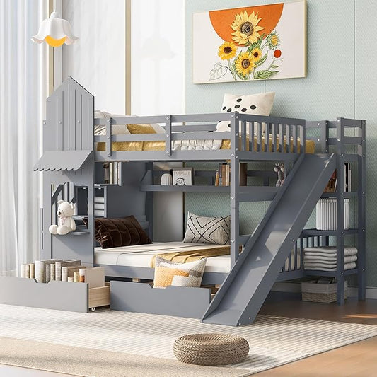 Full-Over-Full Bunk Beds Castle Style Bunk Bed with 2 Drawers 3 Shelves and Slide - Gray