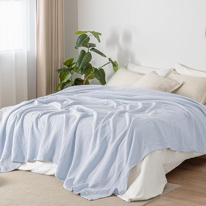 PHF 100% Cotton Muslin Blanket Queen Size 90"x90", 4-Layer Lightweight Gauze Throw, Breathable Cloud-Soft Minimalist Blanket for Bed, Couch, Camping & Baby, Ancient Water, Ideal Gift