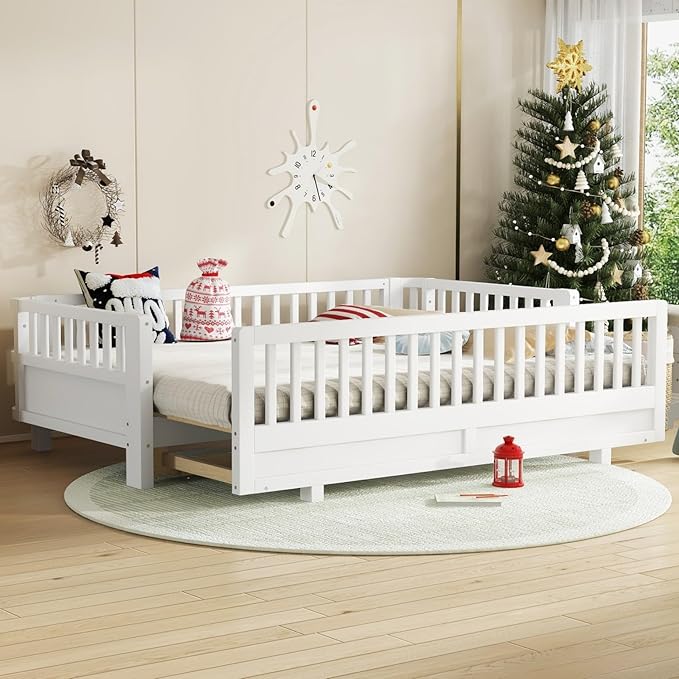 KEIKI Solid Wood Expandable Twin XL Size Floor Bed for Kids with Guardrails, Can Be Converted into a Queen Bed Platform, Montessori Low Profile Bedframe Daybed for Girls Boys, No Box Spring Needed