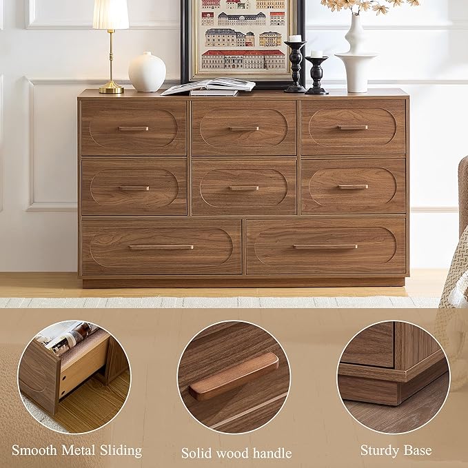 Walnut 8 Drawer Dresser for Bedroom, 54" Wide Dressers & Chests of Drawers w/Solid Wood Handle, Mid Century Dresser TV Stand w/Natural Texture for Bedroom, Living Room