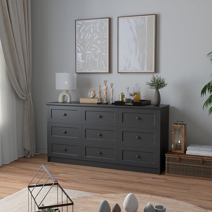 63'' W Long Modern Dresser 9 Drawers with Handles, Black Dresser & Chest of Drawers with Large Capacity Storage, Freestanding Storage Dressers for Bedroom, Living Room, Hallway (Black)