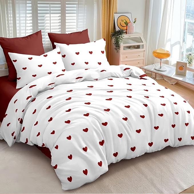 Red Duvet Cover Queen Size Heart Bedding Set Kids Boys Girls Cute Love Pattern Soft Breathable Reversible Fall Christmas Duvet Cover Set 3 Pieces with 2 Pillowcases