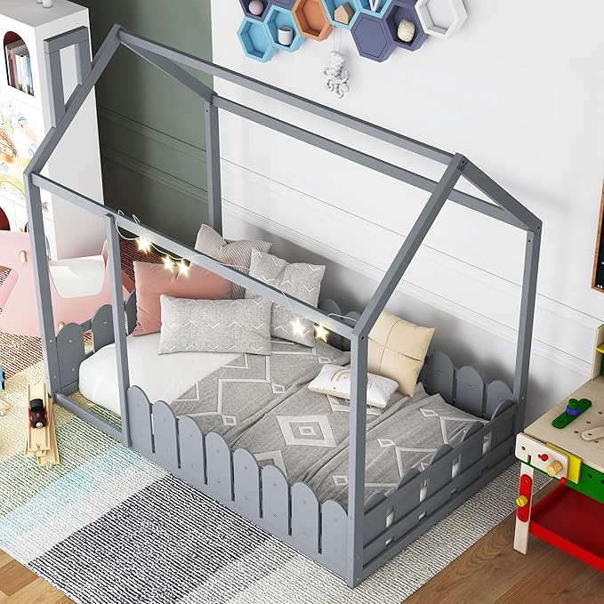 MERITLINE House Bed Wood Twin Bed Playhouse Bed Frame with Roof Twin Size House Bed for Girls Boys Kids, Box Spring Needed (Gray, Twin)