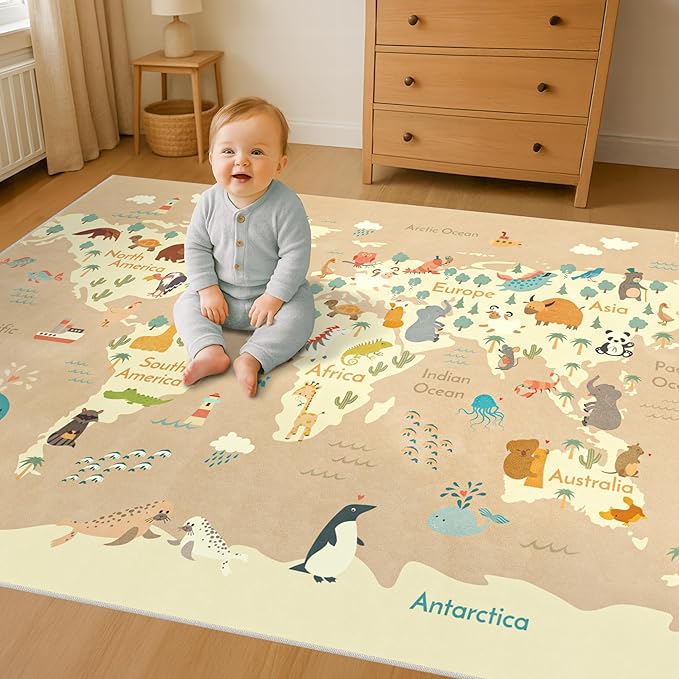 Kids Bedroom Rug with World Map & Animals – 4x6 Educational Washable Play Mat for Playroom, Cute Global Animal, Featuring Continents & Native Wildlife Carpet for Dorm or Classroom - Soft Beige