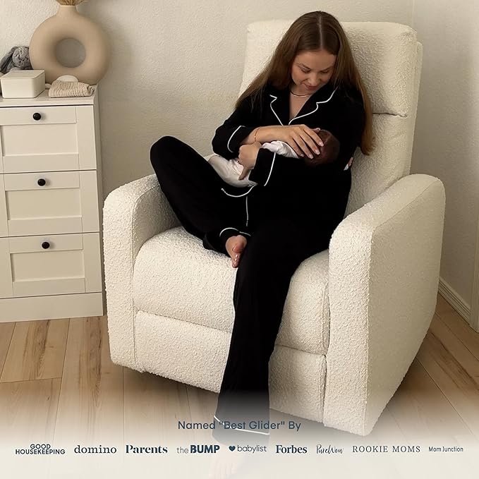Nurture& The Glider Plus - Premium Nursery Power Recliner | Swivel Chair with Adjustable Head Support and Adjustable Lumbar Support | Built-in USB - The Ultimate Comfort for Nursing, Relaxing (Boucle)