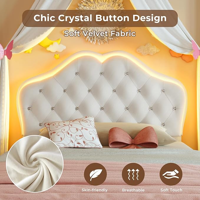 BTHFST Twin Size Girl Bed with Storage Drawer & LED Lights, Upholstered Platform Bed, Adjustable Headboard with Velvet Crystal Button Princess Bed, Wood Slats Support, No Box Spring Needed, Beige