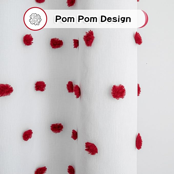MYSKY HOME Blackout Curtains for Nursery Thermal Insulated Red Pom Pom Curtains 72 Inch Long for Girls Bedroom 2 Panels White Sheer Curtains for Kitchen Dining Room Door Grommet, 52 x 72 in