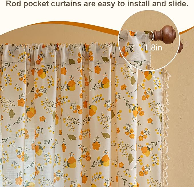 OYX Yellow Boho Pattern Floral Curtains 63 Inch Length 2 Panels for Living Room, Bedroom Light Filtering Drapes, Vintage Country French Tassels Patterned Rod Pocket Aesthetic Decor Window Treatments