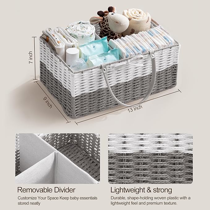 HBlife Large Diaper Caddy Organizer, Portable Paper Rope Woven Basket with Divider, Nursery Diaper Station Organizer, Baby Shower Gifts Basket & Car Organizer, Newborn Essentials