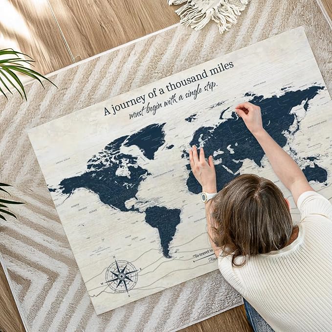 ElephantStock - A Journey I Push Pin World Map Wall Art - Horizontal Canvas Wall Art - Living Room Wall Decor - Digital Art Map Canvas Art - Blue And Beige Decor - 45" x 30"