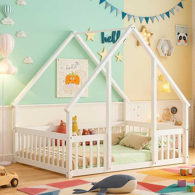 Casaphoria Full Size House-Shaped Montessori Bedframe, Solid Pine Wood Kids Bed Frame, Toddler Floor Bed with Door & Fence for 1-3 Years Old Kids, White