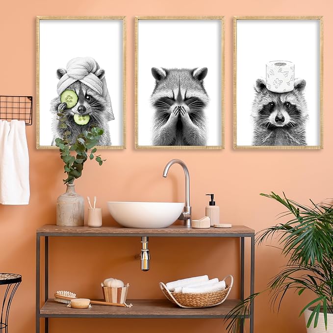 Funny Bathroom Adorable Raccoon Wall Art Decor 16x11 Inch Set Of 3 Laundry Animal Prints Wooden Framed Signs Rustic Washroom Interesting Modren Artwork Wall Hanging Deoration (Wood)