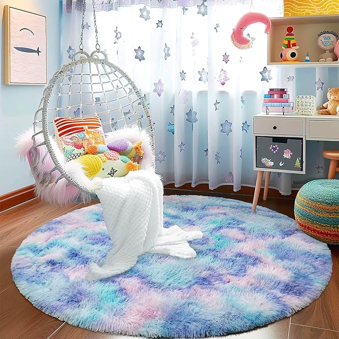 Round Fluffy 5FT Tie-dye Blue - Super Soft Circle Rug for Kids Room - Shaggy Circular Rug for Nursery - Furry Carpet for Boys Girls Room