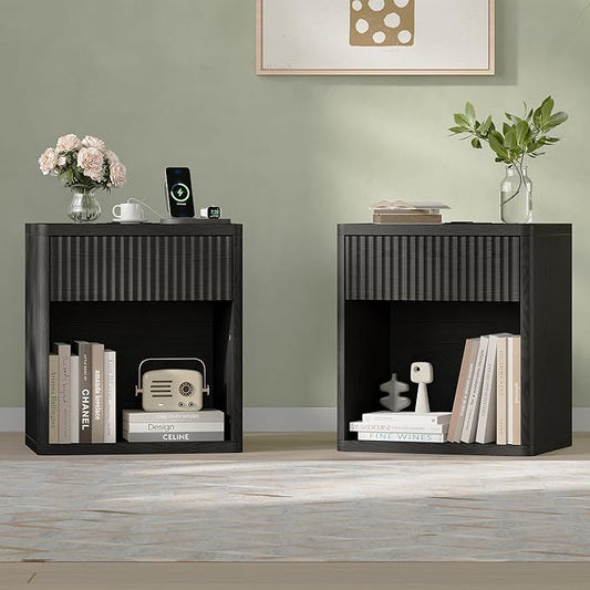 Fluted Nightstand Set of 2 with Charging Station, 21.7" Wide Modern Bedside Table with 1 Drawers Open Storage Cabinet, Wooden End Table for Bedroom,Black