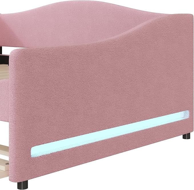 Merax Full Size Upholstered Daybed with Light and Trundle, Pink Teddy Fleece Sofa Bed Modern Wooden Platform Bed Frame for Bedroom, Living Room, Guest Room, Apartment