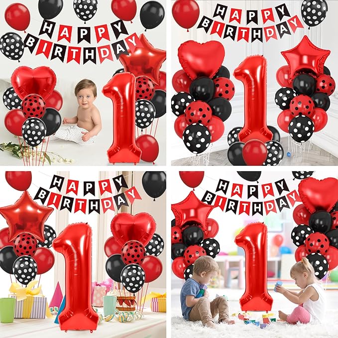 Black Red 1st Birthday Decorations for Kids, 40 Inch Large Number 1 Balloon Black Red Polka Dots 1st Birthday Balloons for Boy Girl 1 Year Old Baby Shower Cartoon Theme Party Decorations