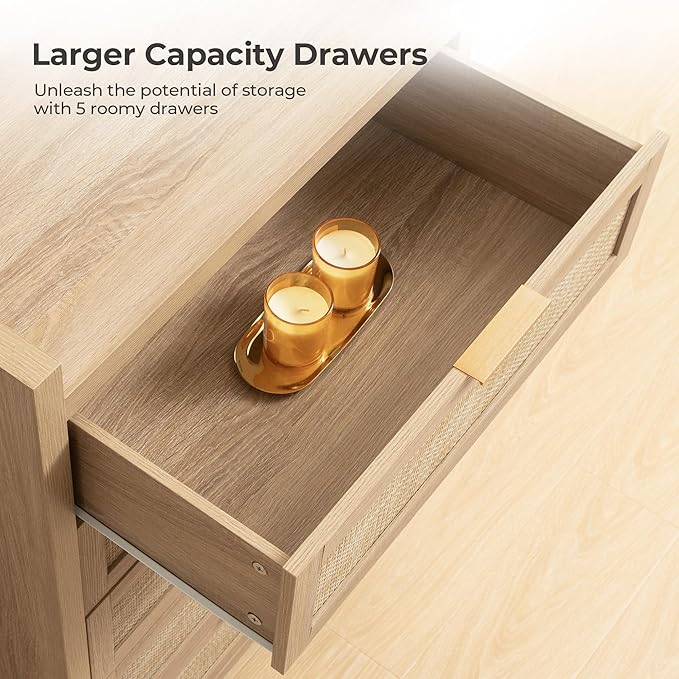 SICOTAS Dresser for Bedroom Chest of Drawers 46" Tall Dresser for Closet with 5 Rattan Drawers Boho Night Stand Large Clothes Storage Cabinet for Living Room Hallway Nursery Entryway