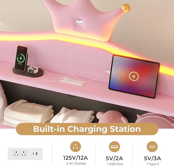 MSmask Twin Bed Frame with LED Lights, Princess Upholstered Bed with Headboard with Charging Station & Crystal Button & Crown, Velvet Platform Bed for Girls, Solid Wood Slats, Curved Legs, Pink