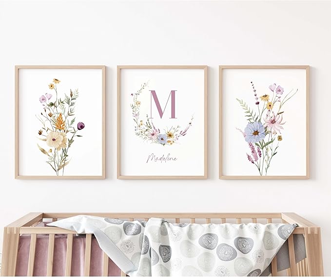 Personalized Name Flower Nursery Wall Art Prints, Crib & Nursery décor, Newborn Baby Girl Gift Present, Floral Baby Girl Room Pictures, Poster For Baby And Kids (3 Prints, Flower 6)