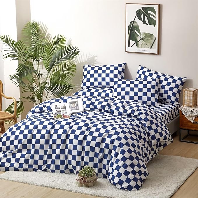 Houseri Royal Blue White Plaid Duvet Cover Twin Size Boys Girls Bright Blue Grid Bedding Duvet Covers Kids Deep Ocean Blue Checkerboard Bedding Sets Twin Dark Blue Checkered Gingham Duvet Cover Twin