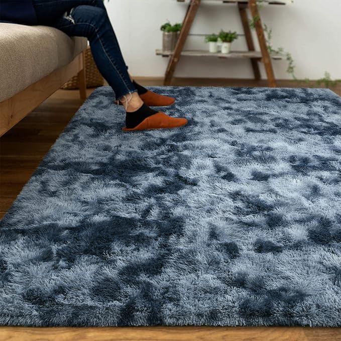 DweIke Fluffy Blue Grey Rugs for Bedroom Living Room, 6x9 Large Soft Plush Shaggy Tie-Dyed Navy Blue Gray Girls Boys Kids Rug, Upgraded Non-Slip and Machine Washable Carpet for Dorm Nursery Decor