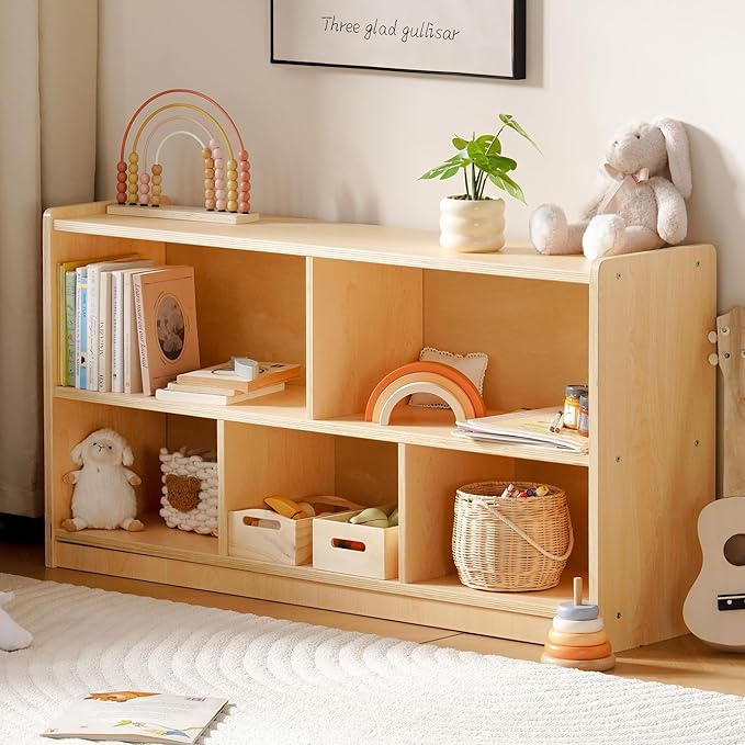 ROBUD Wooden Toy Storage Organizer, 5-Compartment Montessori Shelf with Anti-tip Kit, Wooden Storage Cabinet for Kids Room, Bedroom, Playroom, Nursery, Preschool, 44.9" x 23.6" x 11.8"