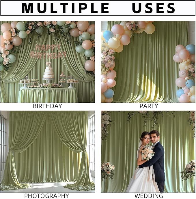10x10FT Sage Green Backdrop Curtains for Wedding Parties, Wrinkle Free Photo Backdrop Curtains for Wedding Birthday Party Baby Shower, Fabric Drape with Rod Pockets 5ft x 10ft, 2 Panels