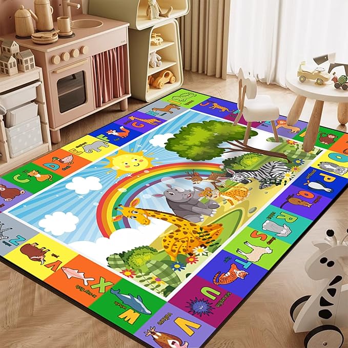Cartoon Zoo Education Rug for Kids, 6x8ft, Giraffe Zebra Amusement Park Play Mat, Ultra Soft Low Pile Absorbent Indoor Carpet, Breathable Dirty Resistant Mats for Playtime Bedroom