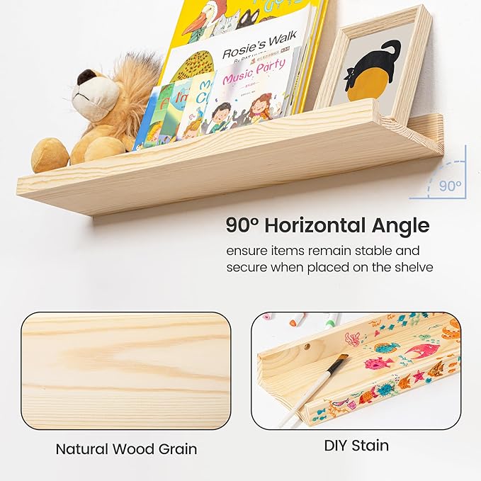 Picture Ledge Shelf for Wall, 48 inches Solid Pine Wood Nursery Book Shelves 3 Packs, Floating Ledge Shelves for Kids' Room Bedroom Bathroom Long Floating Shelves for Wall Nursey Wall Decor, Natural