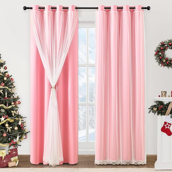 XiDi Full Blackout Pink Curtains with Sheer Overlay Double Layer Curtains for Nursery Girls Bedroom 84 Inches Long 2 Panels Kids Toddler Princess Room Decor Grommet Privacy Window Drapes W34 X L84