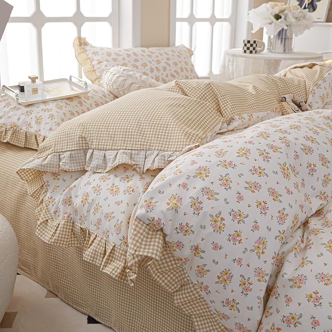 Girls Ruffle Duvet Cover Twin Chic Floral Lace Duvet Cover 100% Cotton Flower Bedding Set Romantic Ruffle Comforter Cover Girls Princess Bedding Set Vintage Floral Botanical Comforter Cover Twin