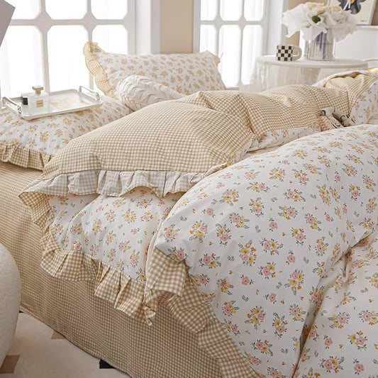 Floral Ruffle Duvet Cover King Chic Floral Lace Duvet Cover 100% Cotton Flower Bedding Set Romantic Ruffle Comforter Cover Vintage Garden Style Botanical Duvet Cover Girls Princess Bedding Set King