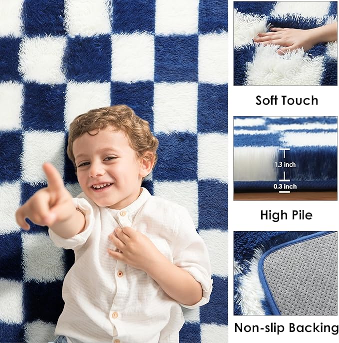 KICMOR Large Area Rug for Living Room 6x9, Big Fluffy Shag Fuzzy Navy Blue and Cream White Checkered Rugs Soft Plush Carpet for Bedroom, Cute Shaggy Rug for Kids Boys Girls Room Nursery Home Decor