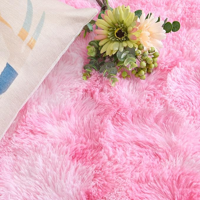 DweIke Fluffy Pink White Rugs for Bedroom Living Room, 6x9 Large Soft Plush Shaggy Tie-Dyed Pink Girls Boys Kids Rug, Non-Slip and Machine Washable Carpet for Dorm Nursery Classroom Decor