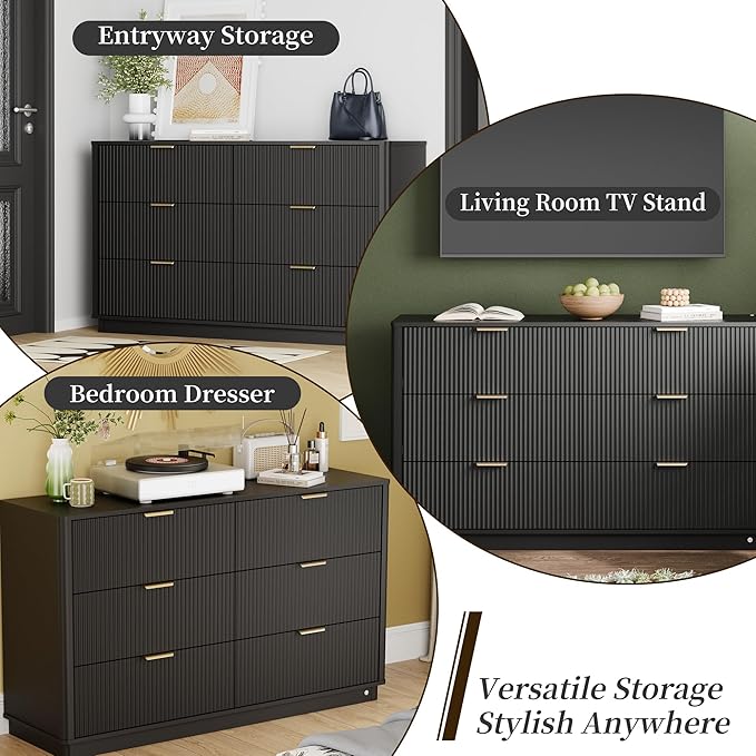 Fluted Dresser for Bedroom with 6 Drawers, 54" Wide Modern Chest of Drawers with Lighting, Wooden Dresser TV Stand with Curved Edges, Closet Organizer for Living Room, Hallway, Black