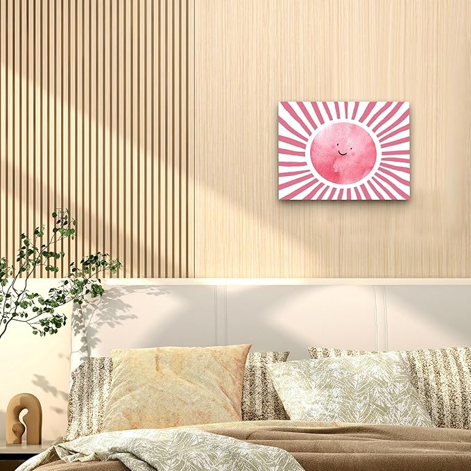 WODMIS Boho Sun Shunshine Wall Art, Cute Cartoon Smiling Watercolor Neutral Canvas Home Decor for Kids Baby Room Nursery Playroom, Pink 11x14