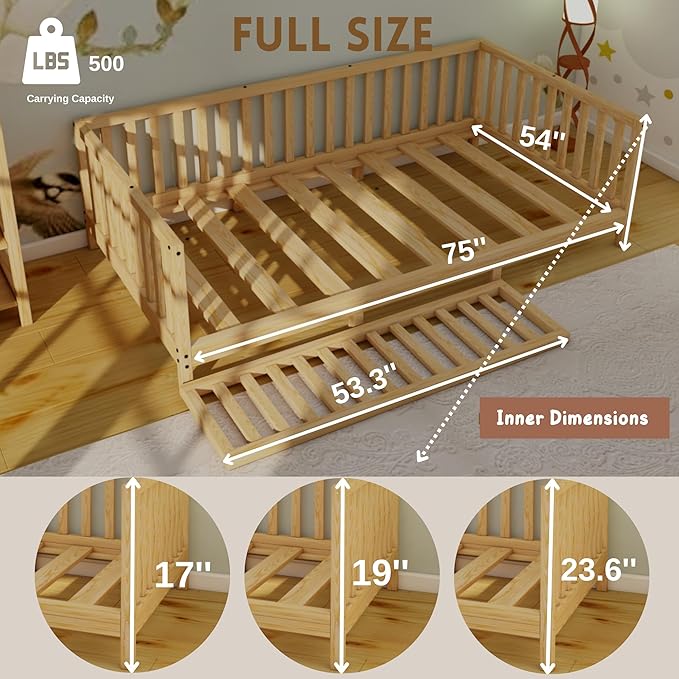 Montessori Floor Bed Designed with Open Front for Girls and Boys | Pine Wood Natural Solid Frame Beds Footed Model with Slats | Sturdy Designed Floor Bed Frame for Kids (Full, Height : 23 Inches)
