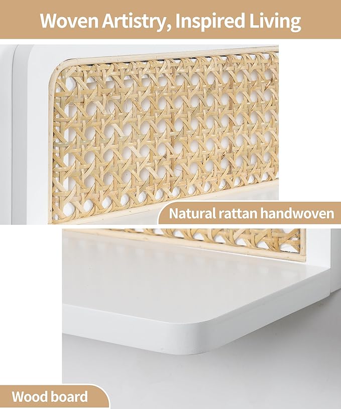 Rattan Wall Shelf 16inch Set of 2, Handmade White Floating Shelves Boho Wall Decor, Rustic Wood Cute Wall Mounted Storage Shelves for Living Room Nursery Bedroom