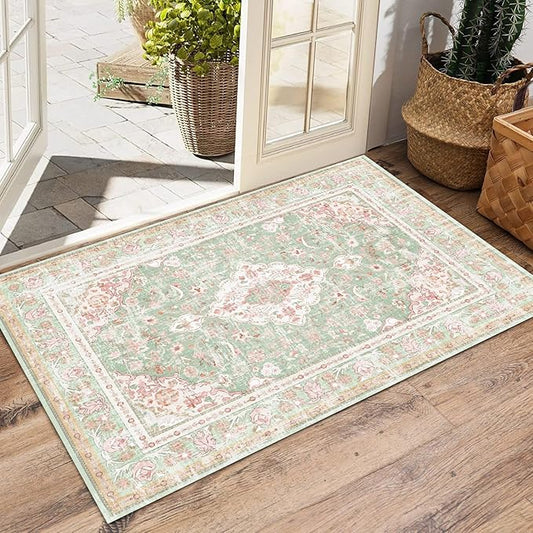 Vhong Washable Area Rugs Boho Vintage Modern Neutral Small Carpet Green and Pink High Traffic Rugs 2×3 for Bathroom Kitchen Entryway Non Slip