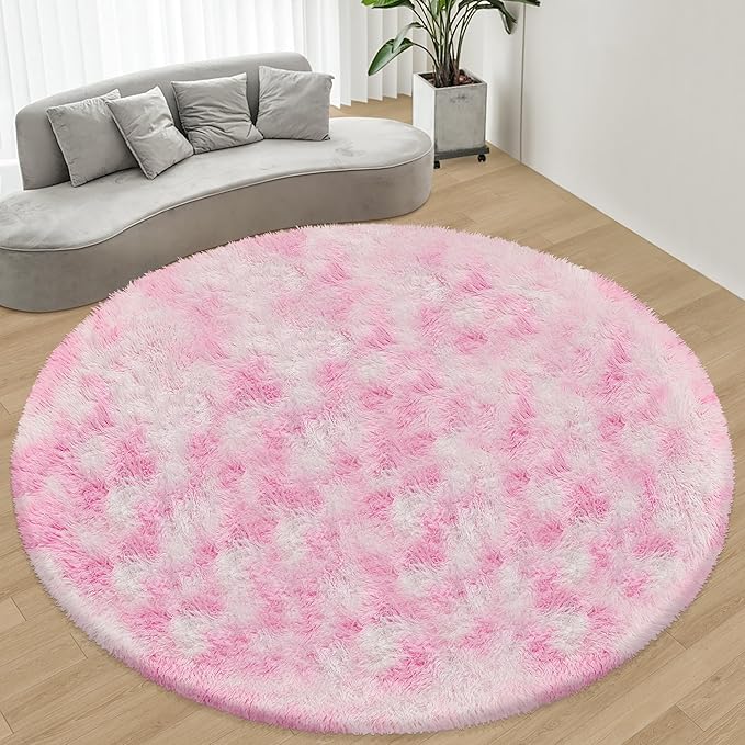 8 ft Large Fluffy Round Pink Area Rugs for Girls Bedroom, Colorful Soft Shaggy Circular Rug Plush Fluffy Circle Carpet Fuzzy for Nursery Baby Teen Room Playroom Cute Dorm Iving Room Home Decor