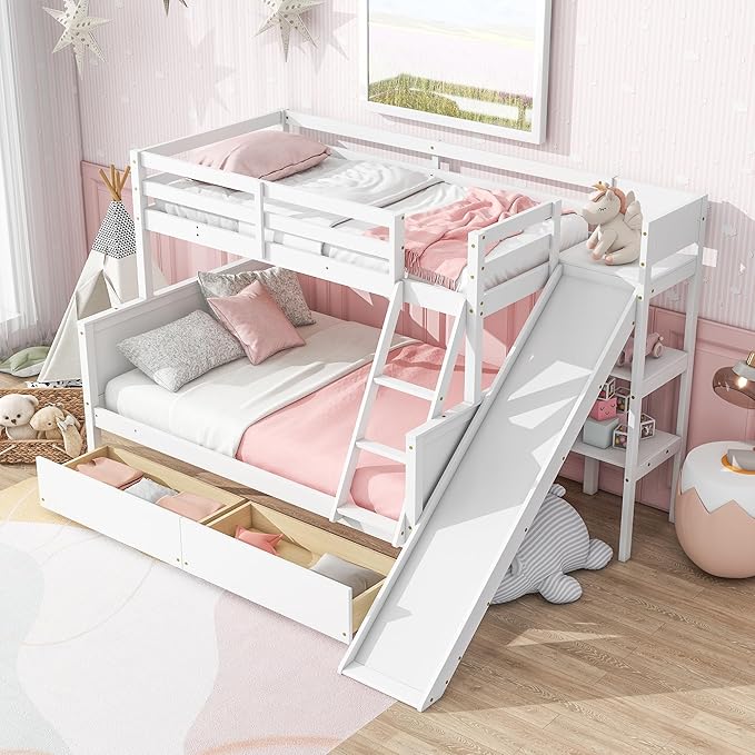 Twin Over Full Bunk Bed with 2 Drawers and Slide, Wood Bunk Bed Frame with Shelves and Ladder, Space Saving Design Bunk Bed for Kids Teens Boys Girls (White-x32c)