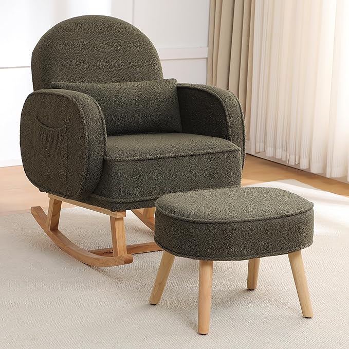 Rocking Chair with Ottoman, Nursery Glider Rocker with High Backrest and Side Pocket, Teddy Rocking Accent Armchair with Solid Wood Legs for Nursery, Living Room, Bedroom Green