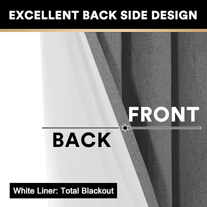PrinceDeco 100% Blackout Linen Curtains 108 Inches Long 2 Panels Textured Room Darkening Thermal Drapes for Bedroom Dining Room, Soundproof Window Treatment Drapes for Hall Room,Grey, Set of 2