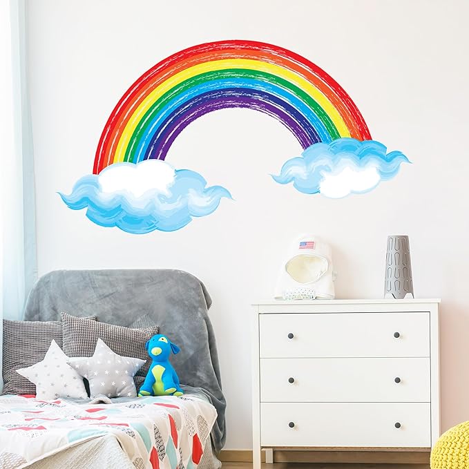 Watercolor Rainbow Wall Decals Lovely Rainbow Wall Stickers for Kids Room, Large Cloudy Rainbow Room Decor Waterproof Peel and Stick Wall Art Murals for Nursery Classroom