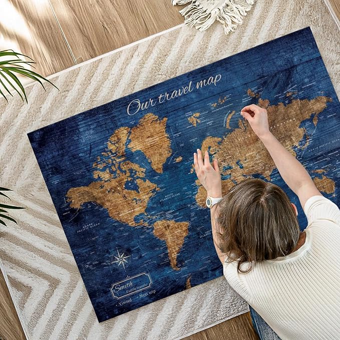 ElephantStock - Personalized Our Travel I Push Pin World Map Wall Art - Horizontal Canvas Wall Art - Living Room Wall Decor - Digital Art Map Canvas Art - Brown And Blue Decor - 45" x 30"