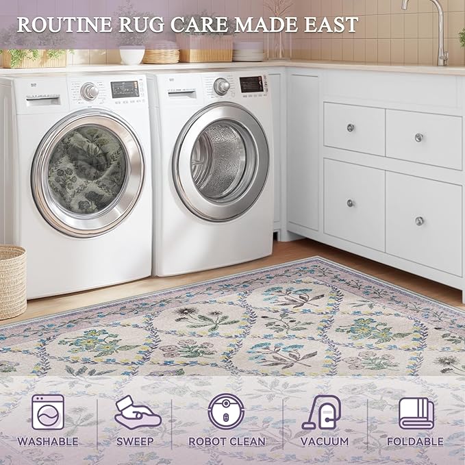 Purple Rug for Girls Room, 5x7 Washable Boho Floral Area Rugs for Living Room, Cute Ultra-Thin Non Slip Indoor Girls Bedroom Decor Lavender Carpet for Baby Nursery Kids Room Playroom Dorm
